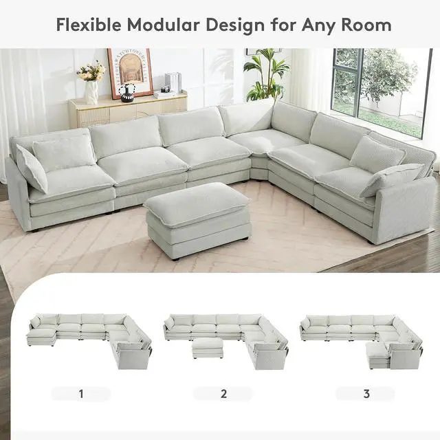 Alt view image 4 of 7 - 150'' Modular Sectional Corner Cloud Couch, 7 Seater Sofa Big Comfy Corduroy V Shaped Couch with 4 Throw Pillows, Movable Ottoman, Couches for Living Room Office Light Grey