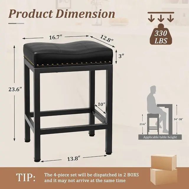 Alt view image 2 of 7 - 24 Inch Bar Stools Set of 4, Counter Height PU Leather Kitchen Chairs with Footrest & Metal Legs, Modern Backless Saddle Stools for Island, Dining, Space-Saving, Black