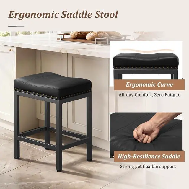 Alt view image 3 of 7 - 24 Inch Bar Stools Set of 4, Counter Height PU Leather Kitchen Chairs with Footrest & Metal Legs, Modern Backless Saddle Stools for Island, Dining, Space-Saving, Black