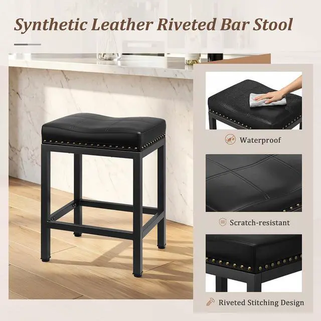 Alt view image 4 of 7 - 24 Inch Bar Stools Set of 4, Counter Height PU Leather Kitchen Chairs with Footrest & Metal Legs, Modern Backless Saddle Stools for Island, Dining, Space-Saving, Black