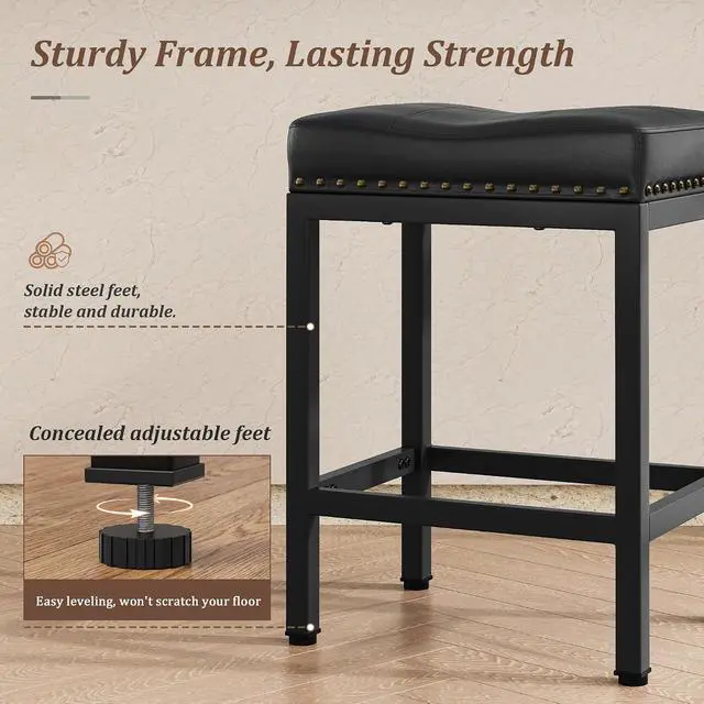 Alt view image 5 of 7 - 24 Inch Bar Stools Set of 4, Counter Height PU Leather Kitchen Chairs with Footrest & Metal Legs, Modern Backless Saddle Stools for Island, Dining, Space-Saving, Black