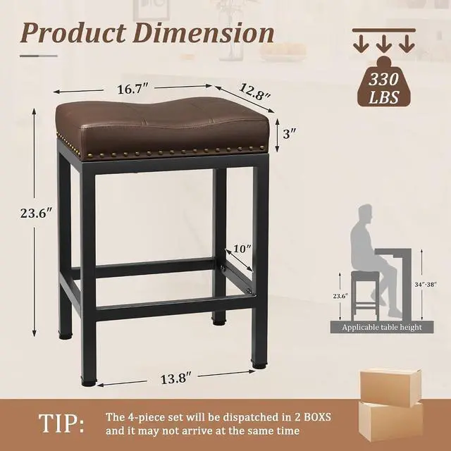 Alt view image 2 of 7 - 24 Inch Bar Stools Set of 2, Counter Height PU Leather Kitchen Chairs with Footrest & Metal Legs, Modern Backless Saddle Stools for Island, Dining, Space-Saving, Brown