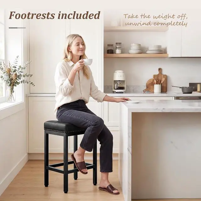 Alt view image 6 of 7 - 24 Inch Bar Stools Set of 4, Counter Height PU Leather Kitchen Chairs with Footrest & Metal Legs, Modern Backless Saddle Stools for Island, Dining, Space-Saving, Black