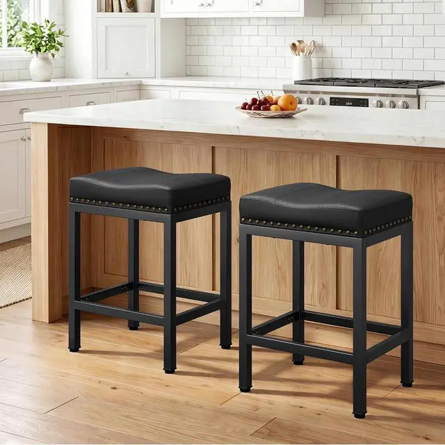 Main image of 24 Inch Bar Stools Set of 2, Counter Height PU Leather Kitchen Chairs with Footrest & Metal Legs, Modern Backless Saddle Stools for Island, Dining, Space-Saving, Black