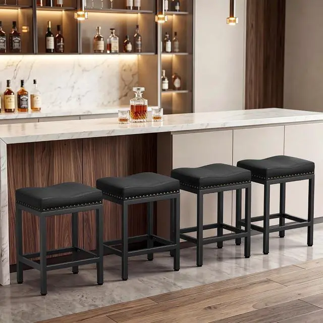 Alt view image 7 of 7 - 24 Inch Bar Stools Set of 4, Counter Height PU Leather Kitchen Chairs with Footrest & Metal Legs, Modern Backless Saddle Stools for Island, Dining, Space-Saving, Black