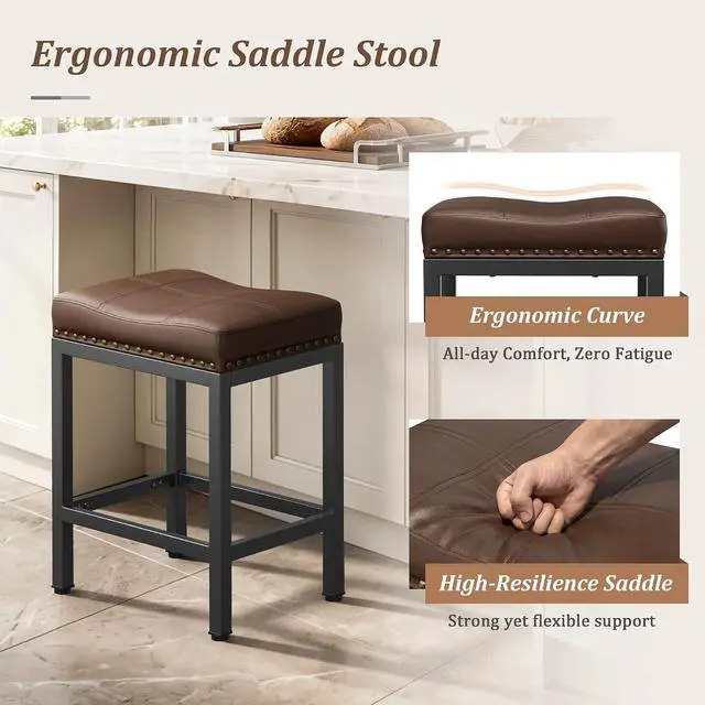 Alt view image 3 of 7 - 24 Inch Bar Stools Set of 2, Counter Height PU Leather Kitchen Chairs with Footrest & Metal Legs, Modern Backless Saddle Stools for Island, Dining, Space-Saving, Brown