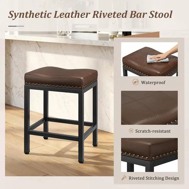 Alt view image 4 of 7 - 24 Inch Bar Stools Set of 2, Counter Height PU Leather Kitchen Chairs with Footrest & Metal Legs, Modern Backless Saddle Stools for Island, Dining, Space-Saving, Brown
