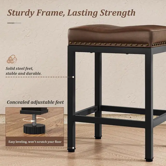 Alt view image 5 of 7 - 24 Inch Bar Stools Set of 2, Counter Height PU Leather Kitchen Chairs with Footrest & Metal Legs, Modern Backless Saddle Stools for Island, Dining, Space-Saving, Brown