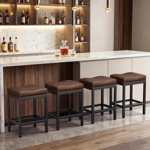 Alt view image 7 of 7 - 24 Inch Bar Stools Set of 4, Counter Height PU Leather Kitchen Chairs with Footrest & Metal Legs, Modern Backless Saddle Stools for Island, Dining, Space-Saving, Brown