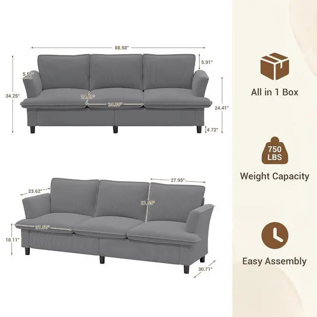 Alt view image 2 of 7 - 3 Seater Corduroy Couch, 89" Comfy Couch with Deep Seat, Modern Sofa Couch for Living Room, Office, Bedroom, Apartment (Pillows not Included)