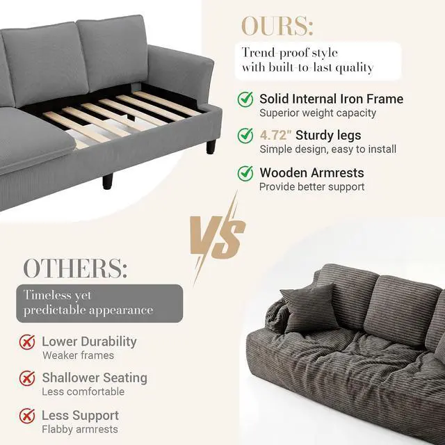 Alt view image 3 of 7 - 3 Seater Corduroy Couch, 89" Comfy Couch with Deep Seat, Modern Sofa Couch for Living Room, Office, Bedroom, Apartment (Pillows not Included)