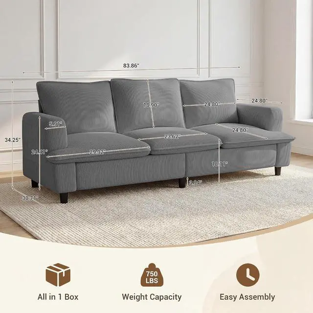 Alt view image 2 of 7 - 3 Seater Couch, 83" Comfy Corduroy Sofa with Deep Seat, Modern Sofa Couch for Living Room, Office, Bedroom, Apartment (Pillows not Included)