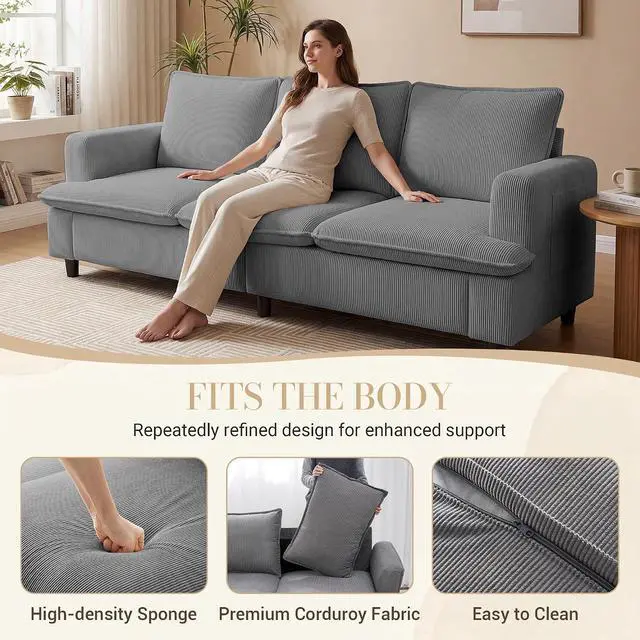 Alt view image 3 of 7 - 3 Seater Couch, 83" Comfy Corduroy Sofa with Deep Seat, Modern Sofa Couch for Living Room, Office, Bedroom, Apartment (Pillows not Included)
