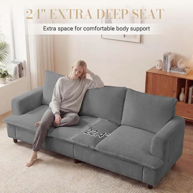 Alt view image 7 of 7 - 3 Seater Couch, 83" Comfy Corduroy Sofa with Deep Seat, Modern Sofa Couch for Living Room, Office, Bedroom, Apartment (Pillows not Included)