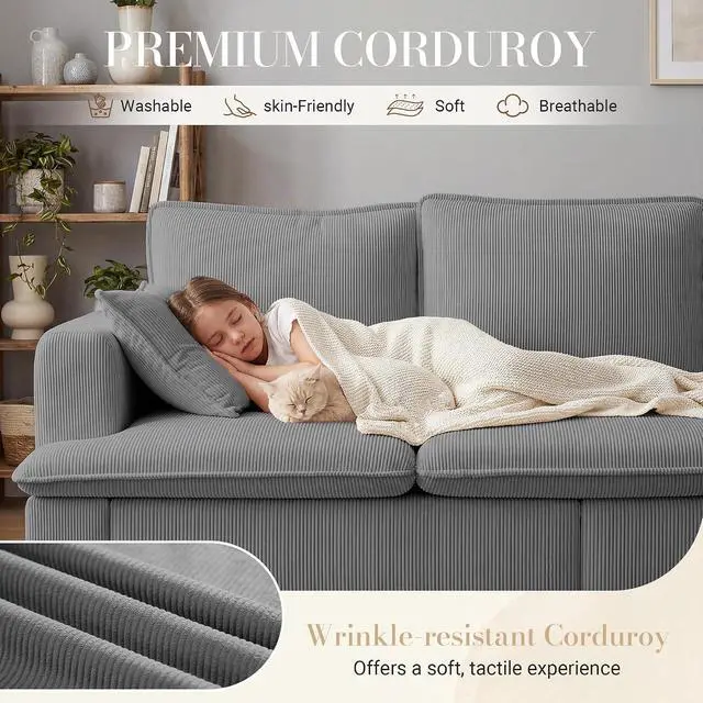 Alt view image 6 of 7 - 3 Seater Couch, 83" Comfy Corduroy Sofa with Deep Seat, Modern Sofa Couch for Living Room, Office, Bedroom, Apartment (Pillows not Included)