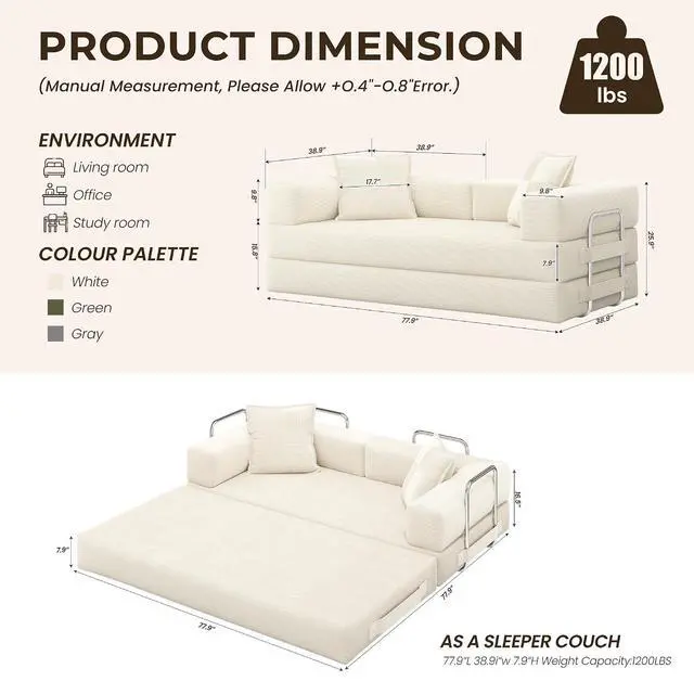 Alt view image 3 of 7 - 78 Inch Convertible Sofa Bed, 5-in-1 Futon Sofa Bed Pull Out Couch, Boneless Couch Bed for Living Room, Corduroy Boneless Couches for Bedroom, Apartment, No Assembly Sleeper Sofa Bed, Beige