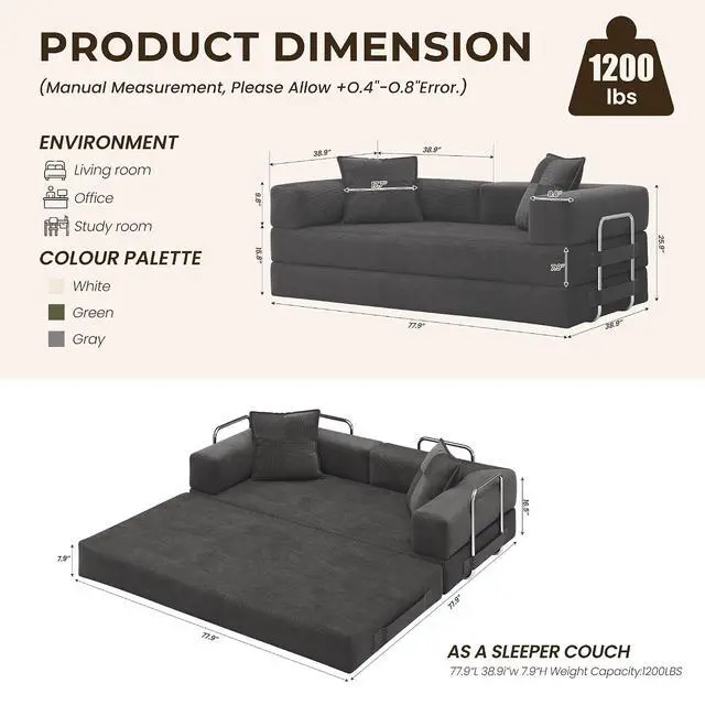 Alt view image 2 of 7 - 78 Inch Convertible Sofa Bed, 5-in-1 Futon Sofa Bed Pull Out Couch, Boneless Couch Bed for Living Room, Corduroy Boneless Couches for Bedroom, Apartment, No Assembly Sleeper Sofa Bed, Gray