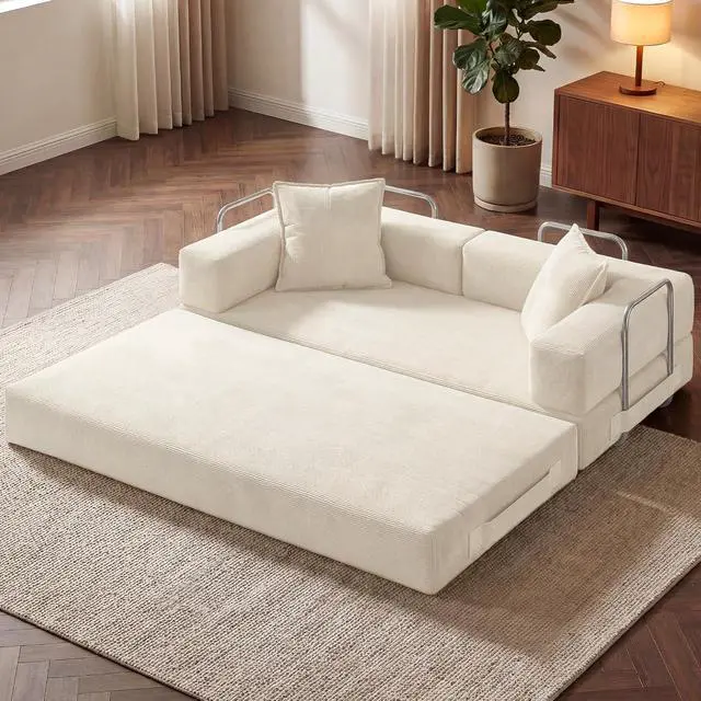 Alt view image 2 of 7 - 78 Inch Convertible Sofa Bed, 5-in-1 Futon Sofa Bed Pull Out Couch, Boneless Couch Bed for Living Room, Corduroy Boneless Couches for Bedroom, Apartment, No Assembly Sleeper Sofa Bed, Beige