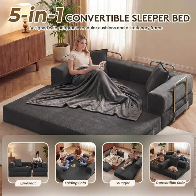 Alt view image 3 of 7 - 78 Inch Convertible Sofa Bed, 5-in-1 Futon Sofa Bed Pull Out Couch, Boneless Couch Bed for Living Room, Corduroy Boneless Couches for Bedroom, Apartment, No Assembly Sleeper Sofa Bed, Gray