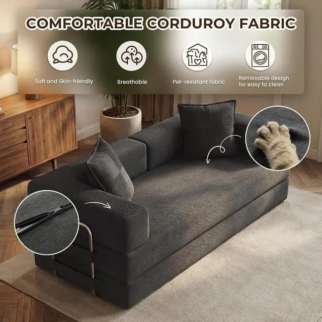 Alt view image 5 of 7 - 78 Inch Convertible Sofa Bed, 5-in-1 Futon Sofa Bed Pull Out Couch, Boneless Couch Bed for Living Room, Corduroy Boneless Couches for Bedroom, Apartment, No Assembly Sleeper Sofa Bed, Gray