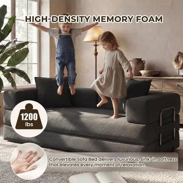 Alt view image 7 of 7 - 78 Inch Convertible Sofa Bed, 5-in-1 Futon Sofa Bed Pull Out Couch, Boneless Couch Bed for Living Room, Corduroy Boneless Couches for Bedroom, Apartment, No Assembly Sleeper Sofa Bed, Gray