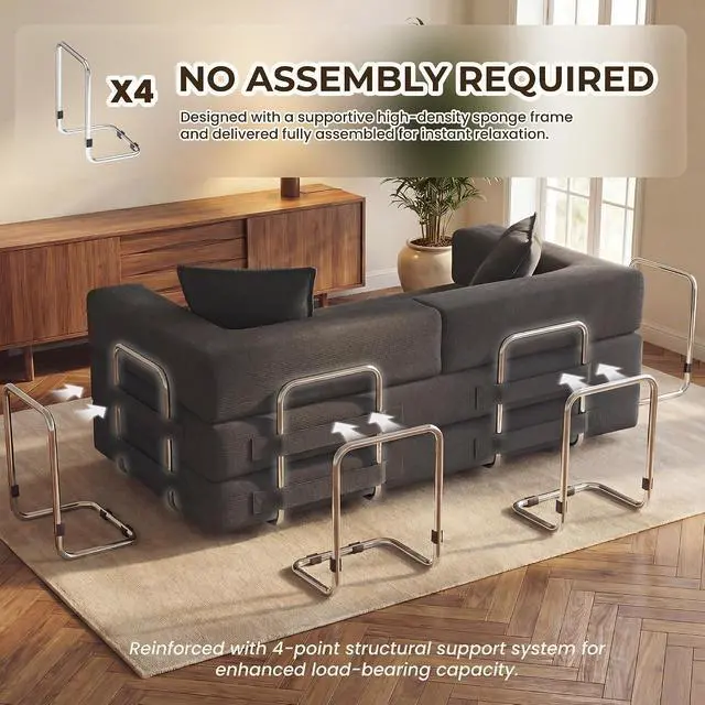 Alt view image 4 of 7 - 78 Inch Convertible Sofa Bed, 5-in-1 Futon Sofa Bed Pull Out Couch, Boneless Couch Bed for Living Room, Corduroy Boneless Couches for Bedroom, Apartment, No Assembly Sleeper Sofa Bed, Gray