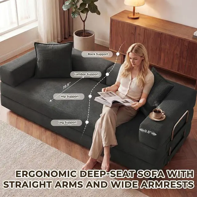 Alt view image 6 of 7 - 78 Inch Convertible Sofa Bed, 5-in-1 Futon Sofa Bed Pull Out Couch, Boneless Couch Bed for Living Room, Corduroy Boneless Couches for Bedroom, Apartment, No Assembly Sleeper Sofa Bed, Gray