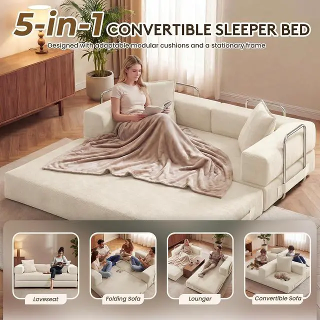Alt view image 4 of 7 - 78 Inch Convertible Sofa Bed, 5-in-1 Futon Sofa Bed Pull Out Couch, Boneless Couch Bed for Living Room, Corduroy Boneless Couches for Bedroom, Apartment, No Assembly Sleeper Sofa Bed, Beige