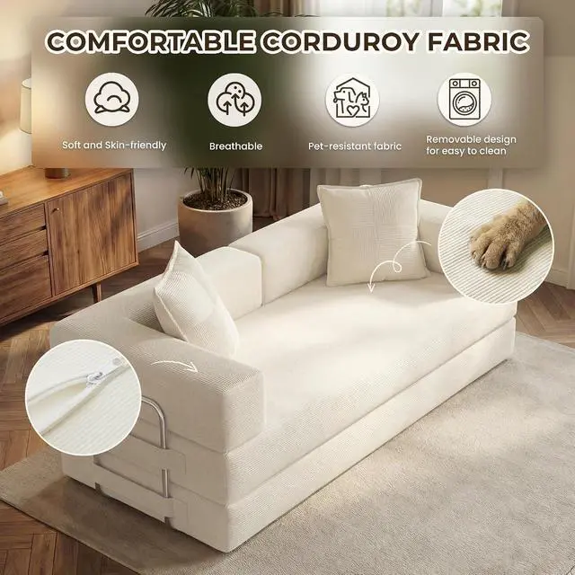 Alt view image 6 of 7 - 78 Inch Convertible Sofa Bed, 5-in-1 Futon Sofa Bed Pull Out Couch, Boneless Couch Bed for Living Room, Corduroy Boneless Couches for Bedroom, Apartment, No Assembly Sleeper Sofa Bed, Beige