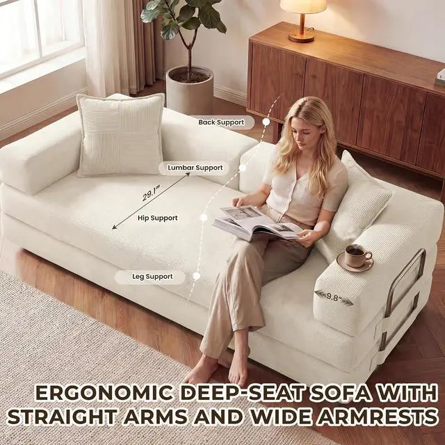 Alt view image 7 of 7 - 78 Inch Convertible Sofa Bed, 5-in-1 Futon Sofa Bed Pull Out Couch, Boneless Couch Bed for Living Room, Corduroy Boneless Couches for Bedroom, Apartment, No Assembly Sleeper Sofa Bed, Beige