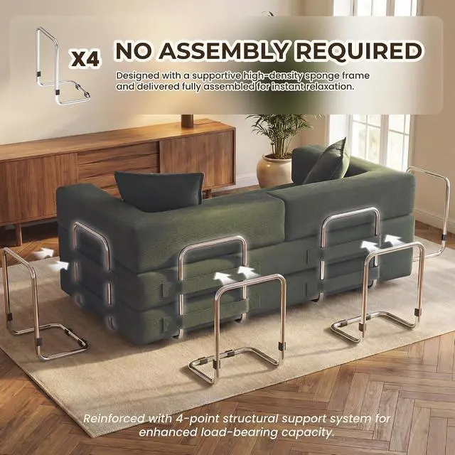 Alt view image 4 of 7 - 78 Inch Convertible Sofa Bed, 5-in-1 Futon Sofa Bed Pull Out Couch, Boneless Couch Bed for Living Room, Corduroy Boneless Couches for Bedroom, Apartment, No Assembly Sleeper Sofa Bed, Green