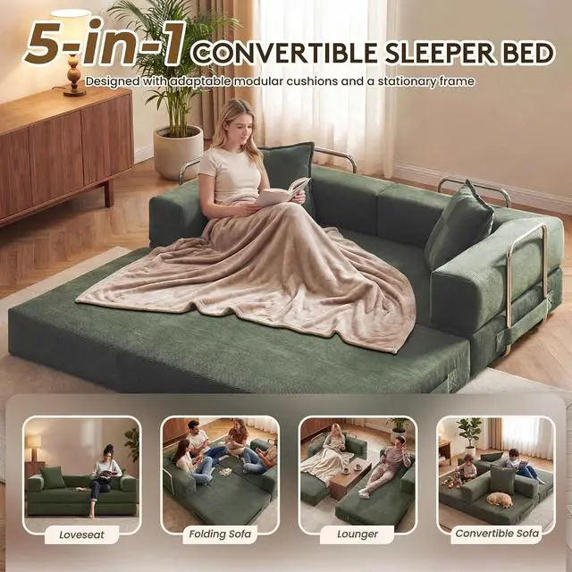 Alt view image 3 of 7 - 78 Inch Convertible Sofa Bed, 5-in-1 Futon Sofa Bed Pull Out Couch, Boneless Couch Bed for Living Room, Corduroy Boneless Couches for Bedroom, Apartment, No Assembly Sleeper Sofa Bed, Green