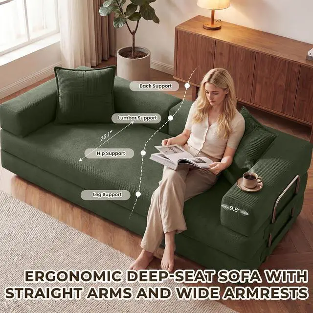 Alt view image 6 of 7 - 78 Inch Convertible Sofa Bed, 5-in-1 Futon Sofa Bed Pull Out Couch, Boneless Couch Bed for Living Room, Corduroy Boneless Couches for Bedroom, Apartment, No Assembly Sleeper Sofa Bed, Green