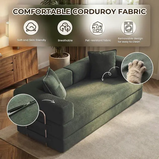 Alt view image 5 of 7 - 78 Inch Convertible Sofa Bed, 5-in-1 Futon Sofa Bed Pull Out Couch, Boneless Couch Bed for Living Room, Corduroy Boneless Couches for Bedroom, Apartment, No Assembly Sleeper Sofa Bed, Green