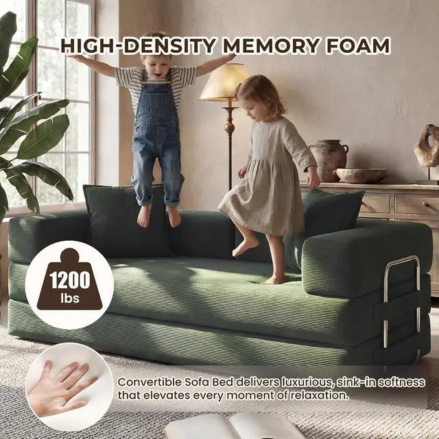 Alt view image 7 of 7 - 78 Inch Convertible Sofa Bed, 5-in-1 Futon Sofa Bed Pull Out Couch, Boneless Couch Bed for Living Room, Corduroy Boneless Couches for Bedroom, Apartment, No Assembly Sleeper Sofa Bed, Green