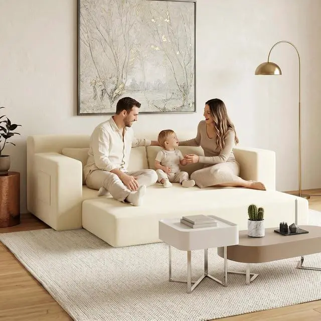 Alt view image 2 of 7 - 71" Boneless Loveseat Couch,Chenille Pullout Futon Couch,4 in 1 Folding 3 Seater Sofa Bed for Living Room,Boneless Cloud Couch with Storage Pocket & 2 Pillows,Cream White