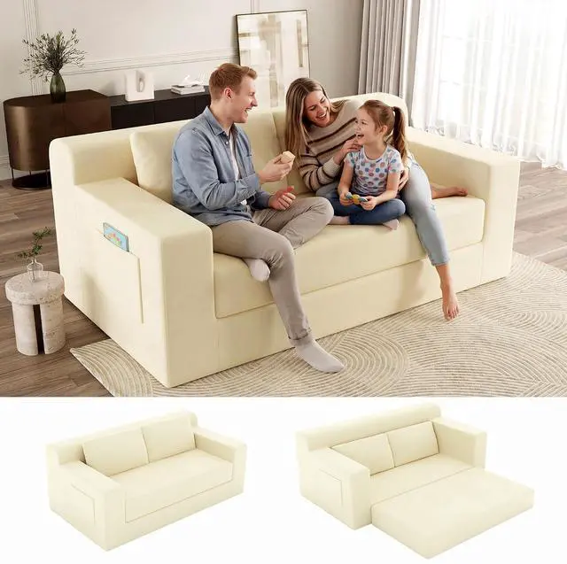 Main image of 71" Boneless Loveseat Couch,Chenille Pullout Futon Couch,4 in 1 Folding 3 Seater Sofa Bed for Living Room,Boneless Cloud Couch with Storage Pocket & 2 Pillows,Cream White