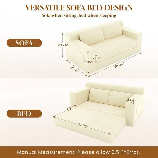 Alt view image 3 of 7 - 71" Boneless Loveseat Couch,Chenille Pullout Futon Couch,4 in 1 Folding 3 Seater Sofa Bed for Living Room,Boneless Cloud Couch with Storage Pocket & 2 Pillows,Cream White