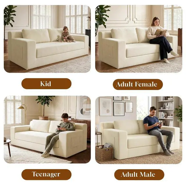 Alt view image 7 of 7 - 71" Boneless Loveseat Couch,Chenille Pullout Futon Couch,4 in 1 Folding 3 Seater Sofa Bed for Living Room,Boneless Cloud Couch with Storage Pocket & 2 Pillows,Cream White