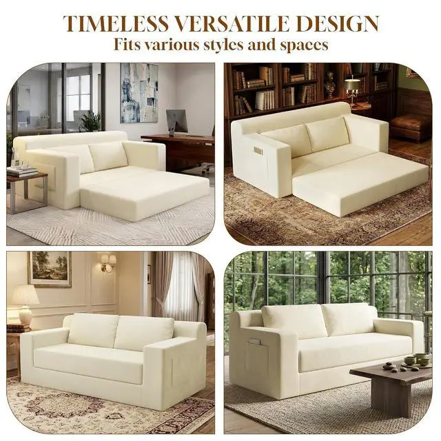 Alt view image 5 of 7 - 71" Boneless Loveseat Couch,Chenille Pullout Futon Couch,4 in 1 Folding 3 Seater Sofa Bed for Living Room,Boneless Cloud Couch with Storage Pocket & 2 Pillows,Cream White