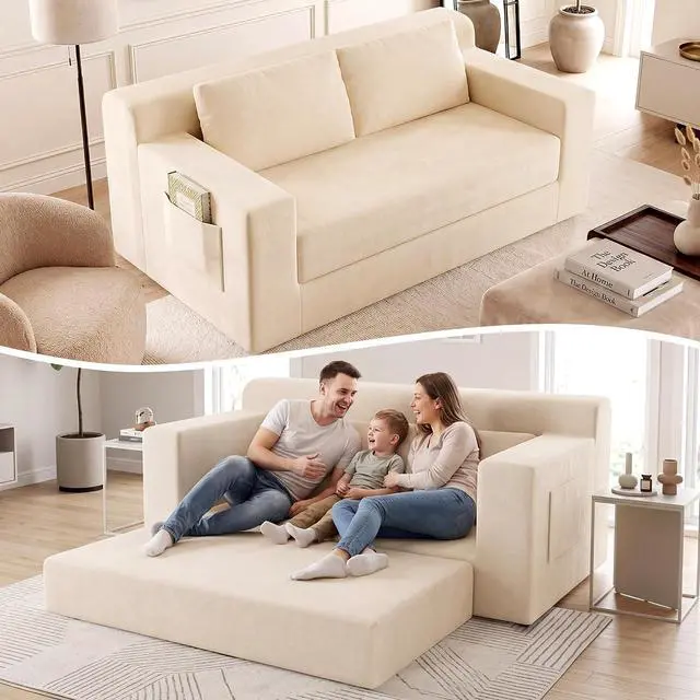 Main image of 71" Boneless Loveseat Couch,Chenille Pullout Futon Couch,4 in 1 Folding 3 Seater Sofa Bed for Living Room,Boneless Cloud Couch with Storage Pocket & 2 Pillows,Beige