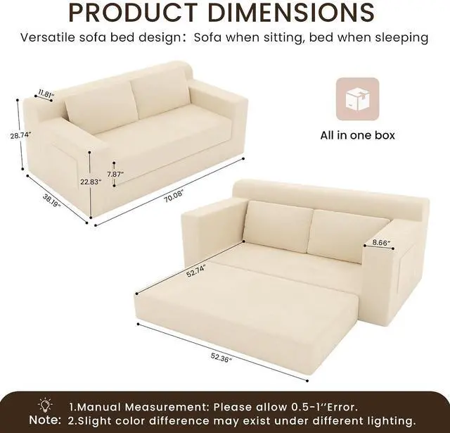 Alt view image 3 of 7 - 71" Boneless Loveseat Couch,Chenille Pullout Futon Couch,4 in 1 Folding 3 Seater Sofa Bed for Living Room,Boneless Cloud Couch with Storage Pocket & 2 Pillows,Beige