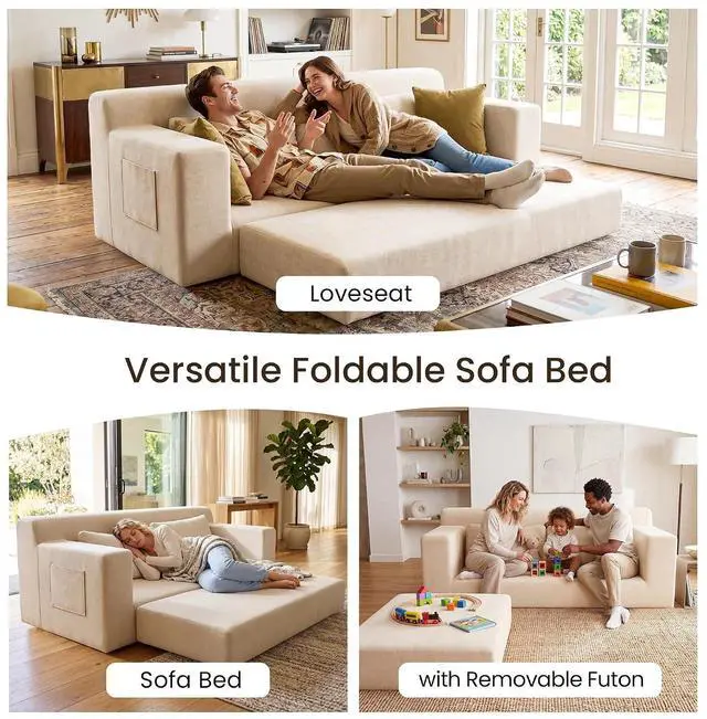 Alt view image 4 of 7 - 71" Boneless Loveseat Couch,Chenille Pullout Futon Couch,4 in 1 Folding 3 Seater Sofa Bed for Living Room,Boneless Cloud Couch with Storage Pocket & 2 Pillows,Beige