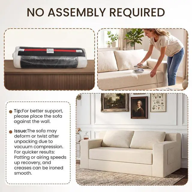 Alt view image 6 of 7 - 71" Boneless Loveseat Couch,Chenille Pullout Futon Couch,4 in 1 Folding 3 Seater Sofa Bed for Living Room,Boneless Cloud Couch with Storage Pocket & 2 Pillows,Beige