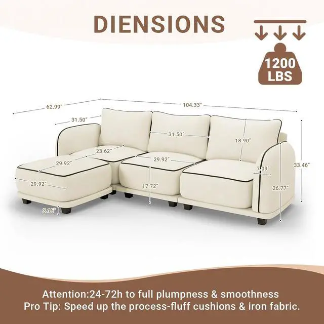 Alt view image 2 of 7 - 104 Inch L Shaped Modular Sectional Sofa, 4 Seater Modern Cloud Chenille Comfy Couch with Movable Ottoman & 3 Back Pillows, Oversized Comfy L Shape Couch for Living Room, Bedroom, Apartment, Beige
