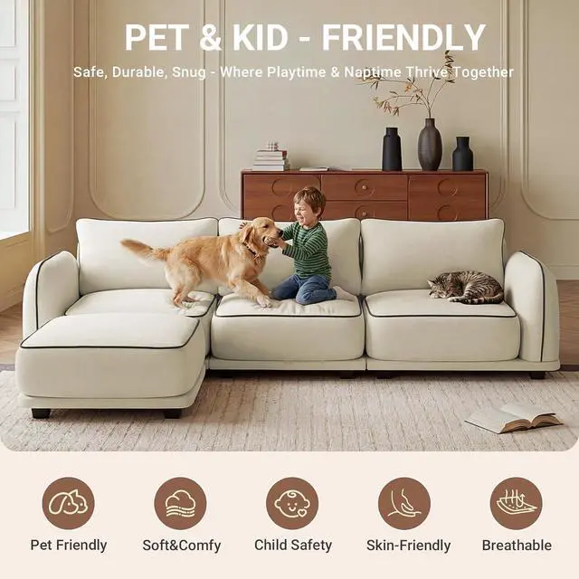 Alt view image 4 of 7 - 104 Inch L Shaped Modular Sectional Sofa, 4 Seater Modern Cloud Chenille Comfy Couch with Movable Ottoman & 3 Back Pillows, Oversized Comfy L Shape Couch for Living Room, Bedroom, Apartment, Beige
