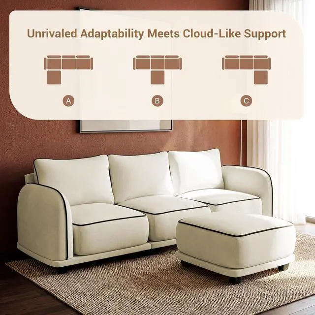 Alt view image 5 of 7 - 104 Inch L Shaped Modular Sectional Sofa, 4 Seater Modern Cloud Chenille Comfy Couch with Movable Ottoman & 3 Back Pillows, Oversized Comfy L Shape Couch for Living Room, Bedroom, Apartment, Beige
