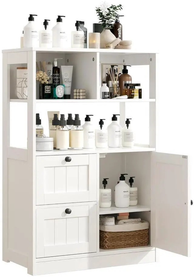 Main image of Bathroom Storage Cabinet with Door and Drawers, Small Freestanding Bathroom Cabinet Organizer, Farmhouse Wooden Cupboard with Adjustable Shelves for Kitchen, Living Room, White