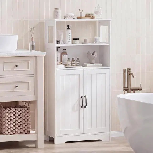 Alt view image 6 of 7 - 43.3" H Bathroom Storage Cabinet with Doors, Freestanding Small Bathroom Cabinet Organizer, Farmhouse Cupboard, Adjustable Shelves, for Laundry Room, Kitchen, Living Room, White