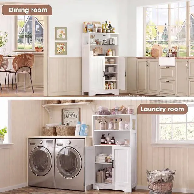 Alt view image 7 of 7 - 43.3" H Bathroom Storage Cabinet with Doors, Freestanding Small Bathroom Cabinet Organizer, Farmhouse Cupboard, Adjustable Shelves, for Laundry Room, Kitchen, Living Room, White